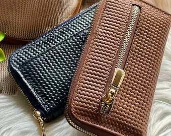 Woven Leather Zip Wallet: Handmade Women's Clutch