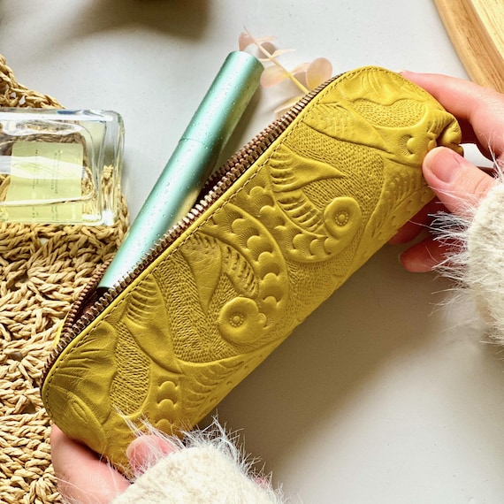 Valentine Gift for Her • Personalized Leather Pouch • Handmade Cosmetic Bag • Zipper Pencil Case