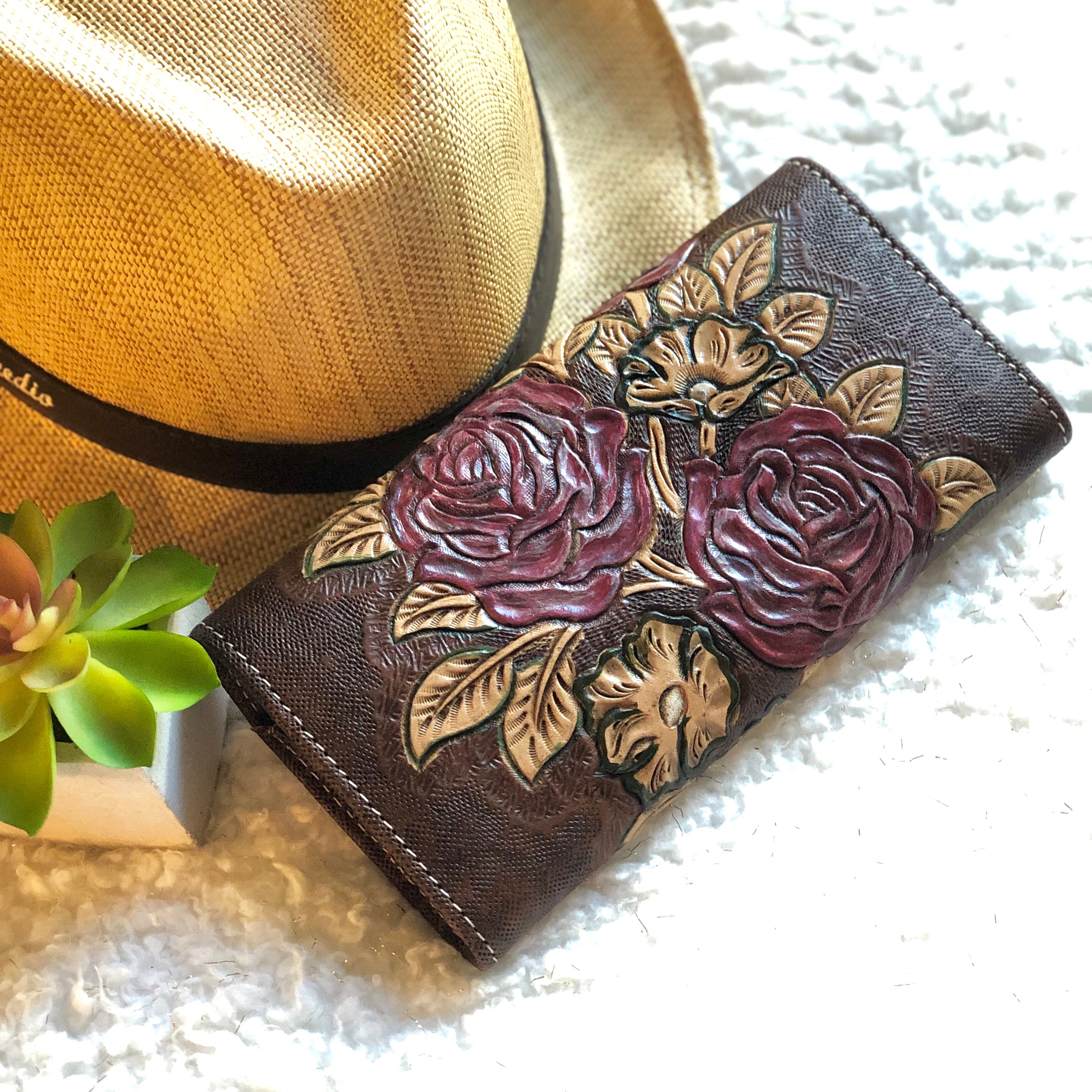 Tooled Leather Wallet*Roses Wallet*Leather Woman Wallet*Flowers Wallet