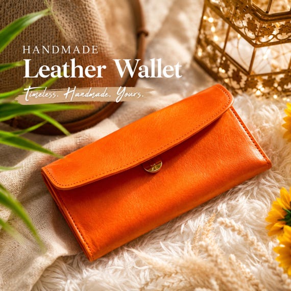 Handmade Long  Leather Wallets for Women • Orange Teal Clutch Purse, Personalized