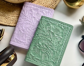 Tooled Leather Passport Cover with AirTag Pocket: Handmade Travel Wallet