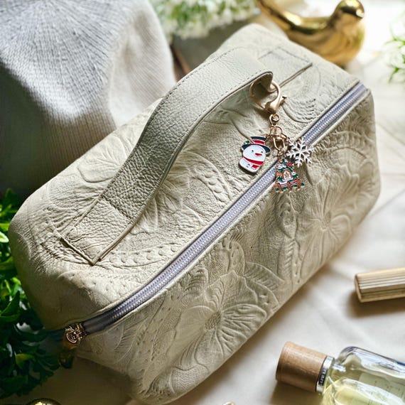 Handcrafted Embossed Leather Makeup Bag: Christmas Charm Toiletry Bag