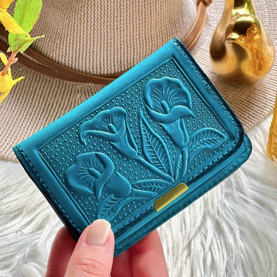 Small Leather Wallet for Women • Floral Embossed Mini Wallet, Handmade with Snap
