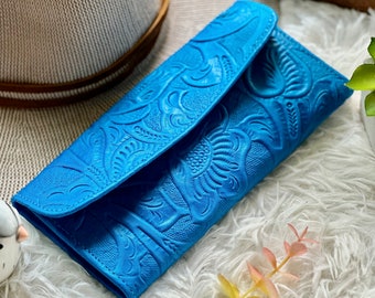 Soft leather wallet women • embossed flowers beautiful blue wallet • cute womens wallet • engraved wallet