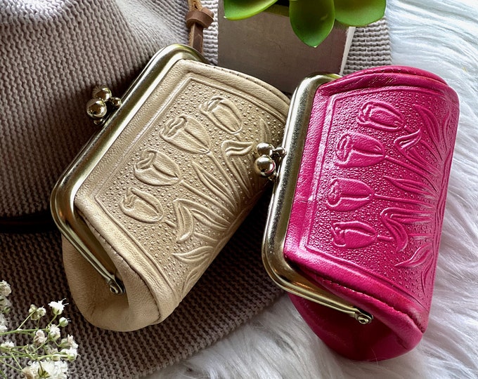 Tulips leather kiss lock purse • gifts for her • Mother's Day gift • leather change purse