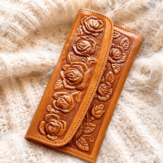 Handmade Floral Leather Wallet for Women, Embossed Rose Long Wallet