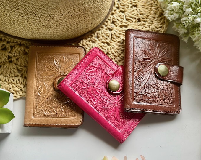 Embossed Leather Card Holder: Handmade Boho Slim Wallet