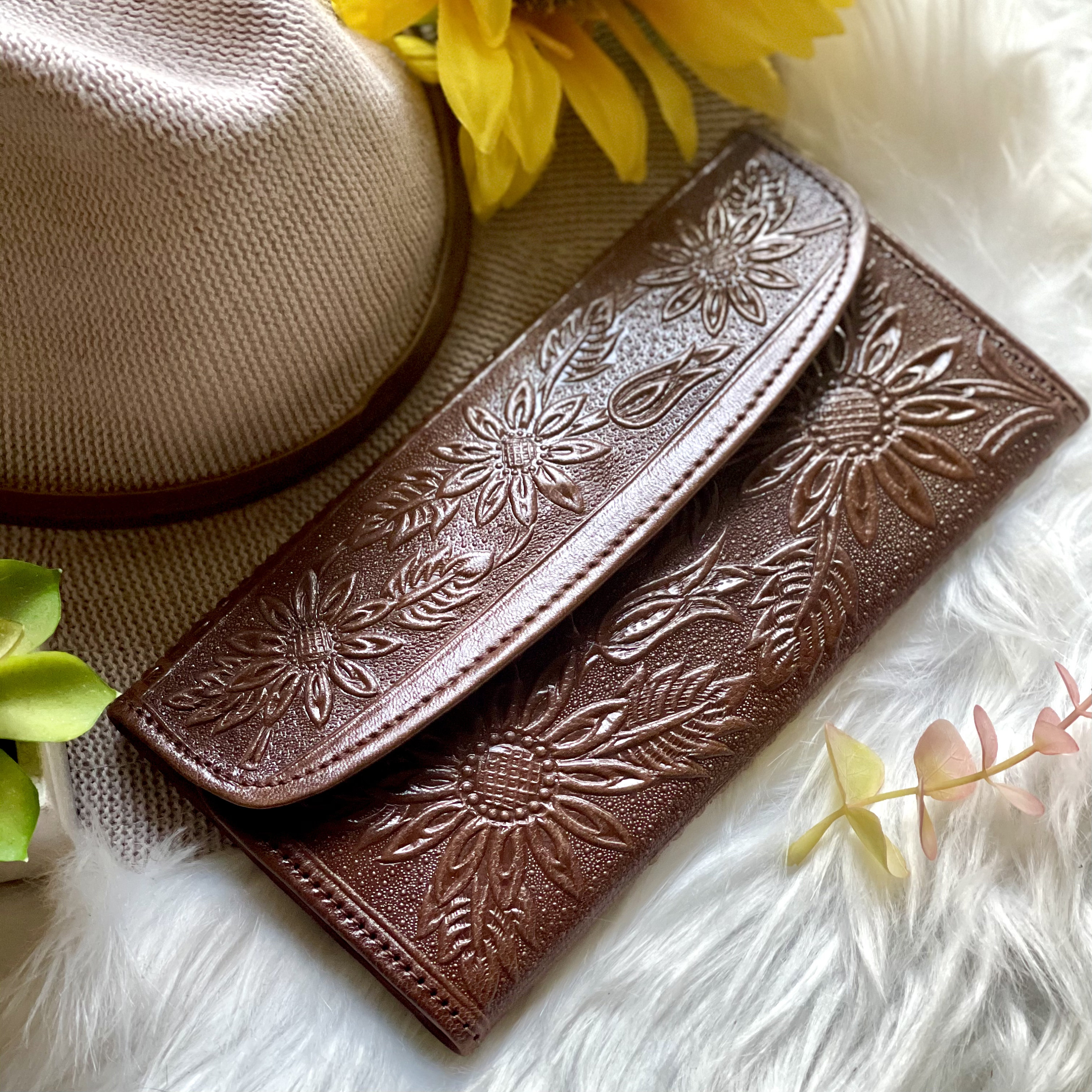 Sunflower Hand Carved Leather Wallet Custom Handmade 