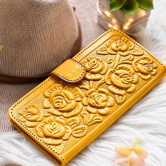 Yellow Rose Leather Wallet for Women, Personalized Floral Long Bifold, Gift for Wife