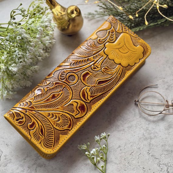 Handmade Tooled Leather Checkbook Wallet • Floral Design, Personalized