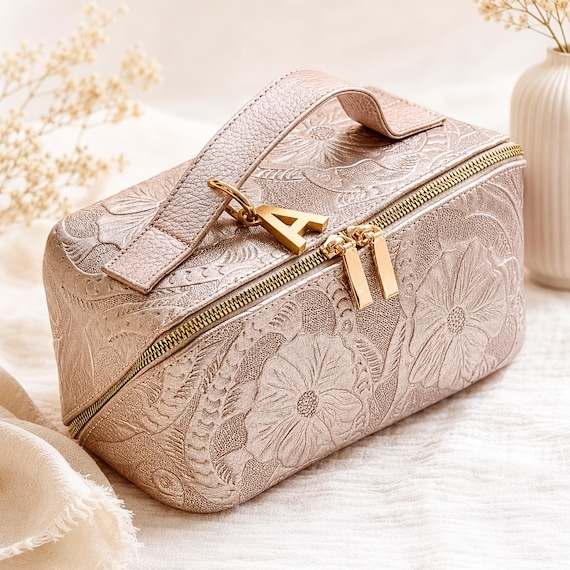 Leather Makeup Bag, Floral Embossed Travel Cosmetic Organizer, Personalized Gift for Her