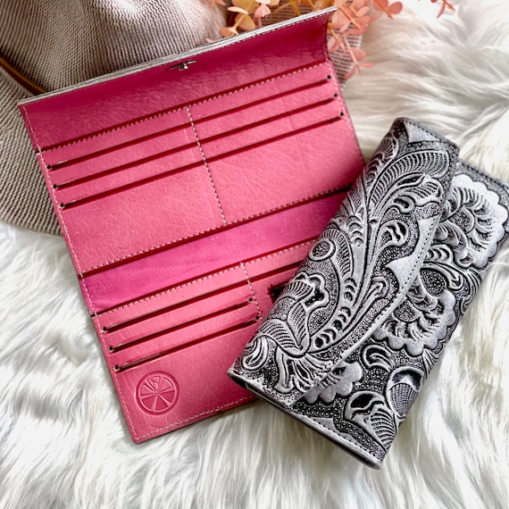 Floral Leather Wallet for Women, Personalized Trifold Wallet, Engraved Gift for Mom or Wife