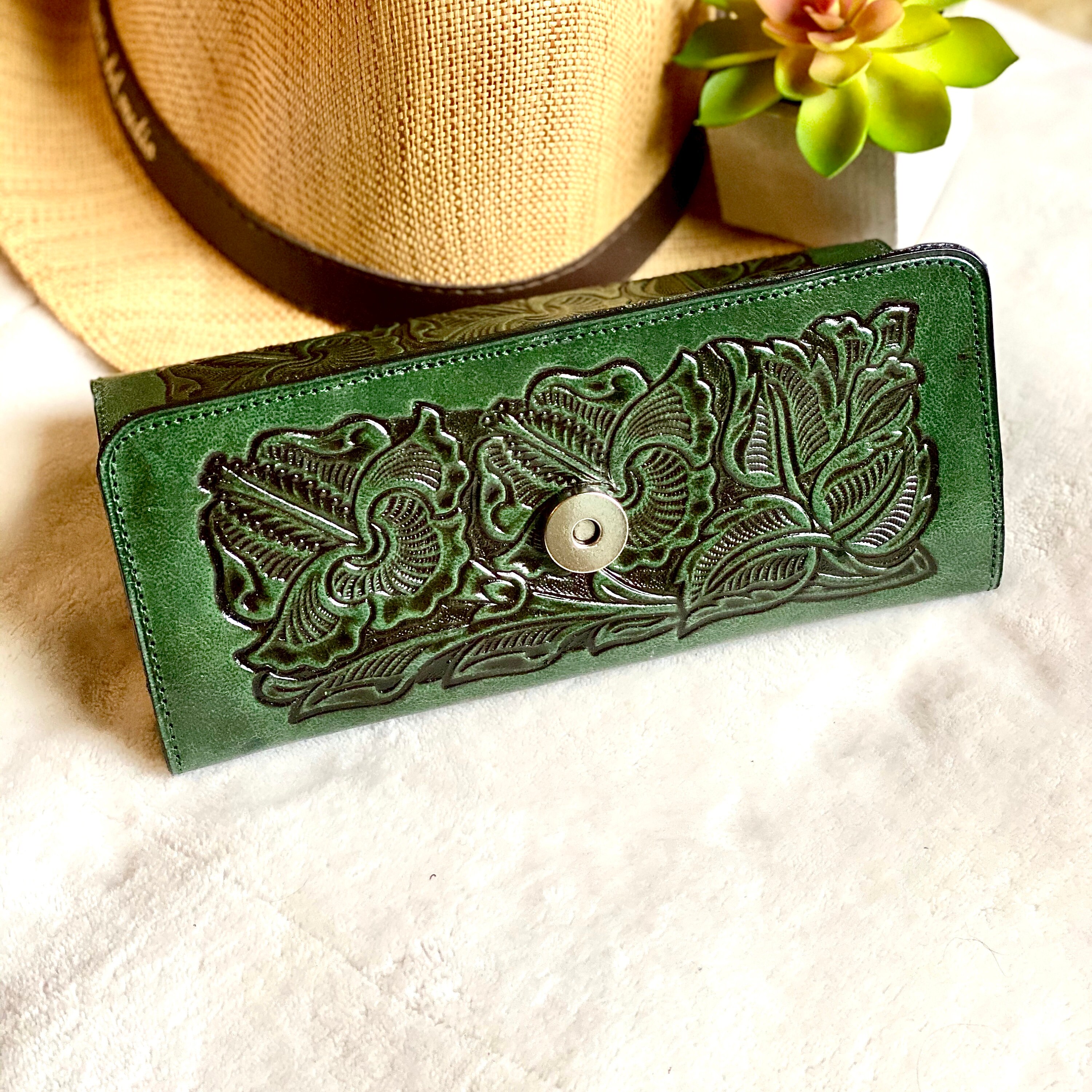 Bohemian woman wallet Leather wallet woman Green leather women's