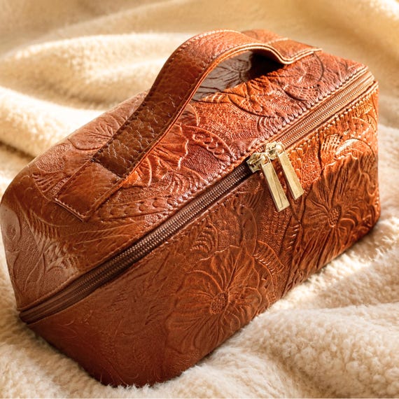 Floral Embossed Leather Makeup Bag, Personalized Cosmetic Organizer, Monogram Toiletry Bag, Travel Makeup Case, Gift for Mom