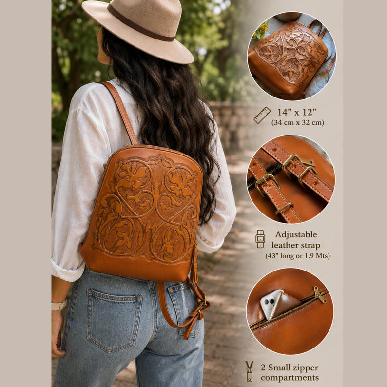 K&ouml;nnte beinhalten: Brauner Lederrucksack mit floralem Pr&auml;gemuster. Die Tasche hat verstellbare Lederriemen, zwei kleine Rei&szlig;verschlussf&auml;cher und misst 34 cm x 32 cm. Der Riemen ist 1,9 Meter lang.