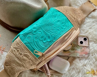 Boho Leather Crossbody Bag: Floral Embossed Sling Bag for Women