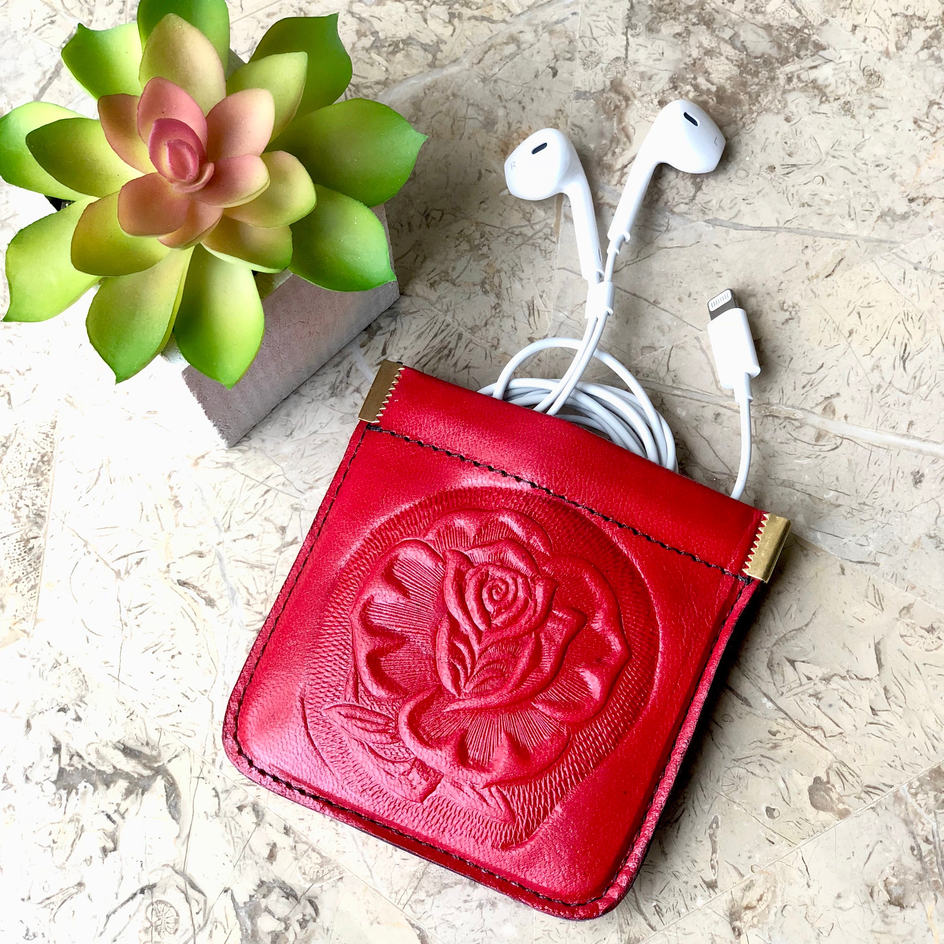 Leather Headphone Case, Tooled Leather coin purse, Tooled Leather