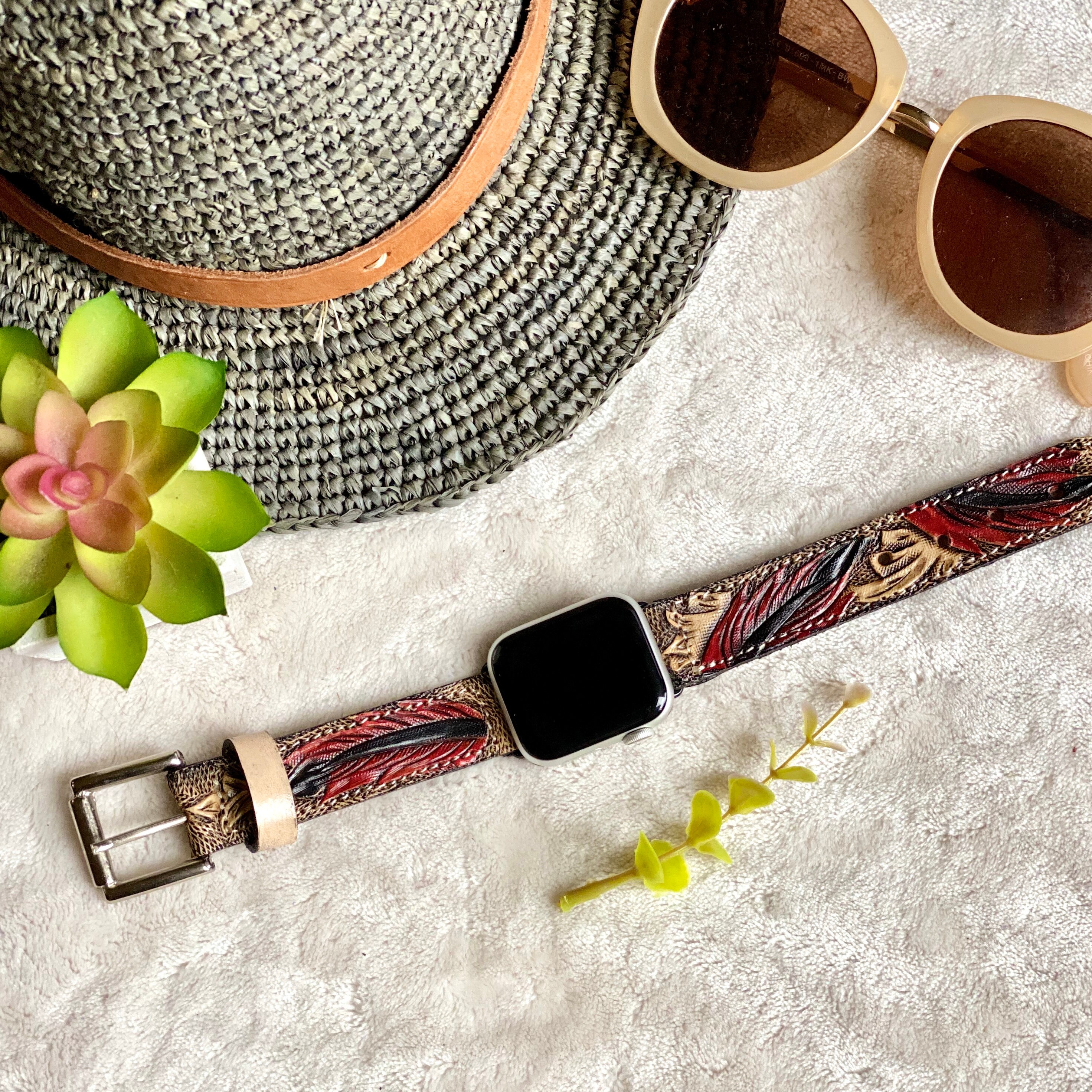 Handmade Tooled Apple Watch Band / Leather watch band. / Apple Watch 38