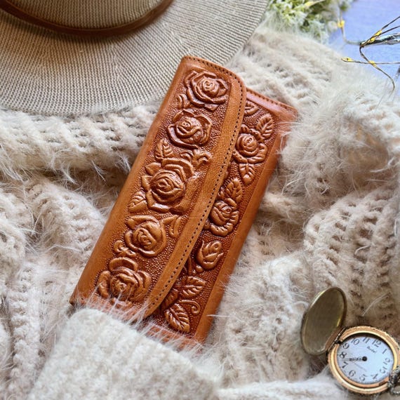 Personalized Floral Leather Wallet for Women • Engraved Cottagecore Gift