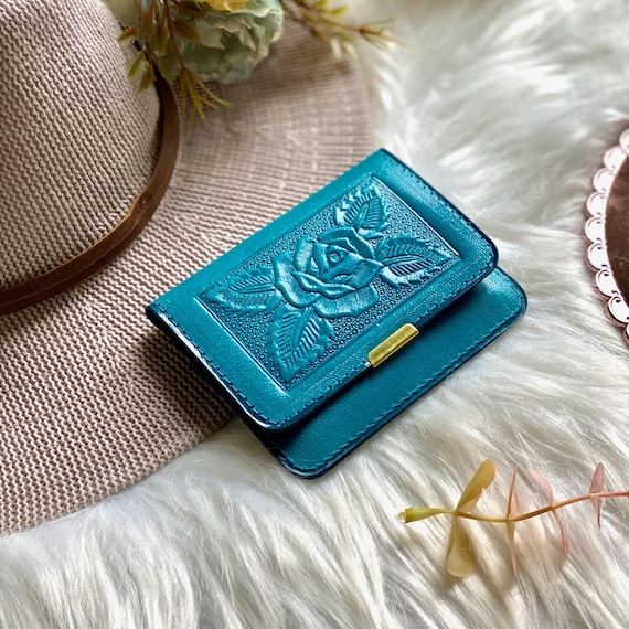 Handmade Leather Wallet: Embossed Rose Coin Purse, Credit Card Holder