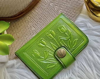 Handcrafted Leather Card Holder • Floral Wallet • Slim Minimalist Wallet for Women • Personalized Credit Case
