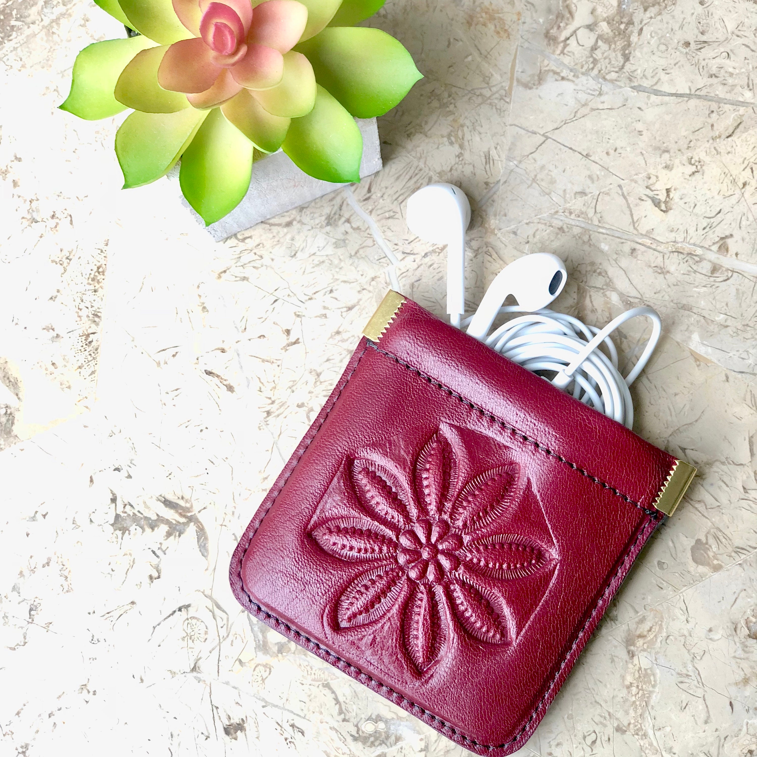 Leather Headphone Case, Tooled Leather coin purse, Tooled Leather