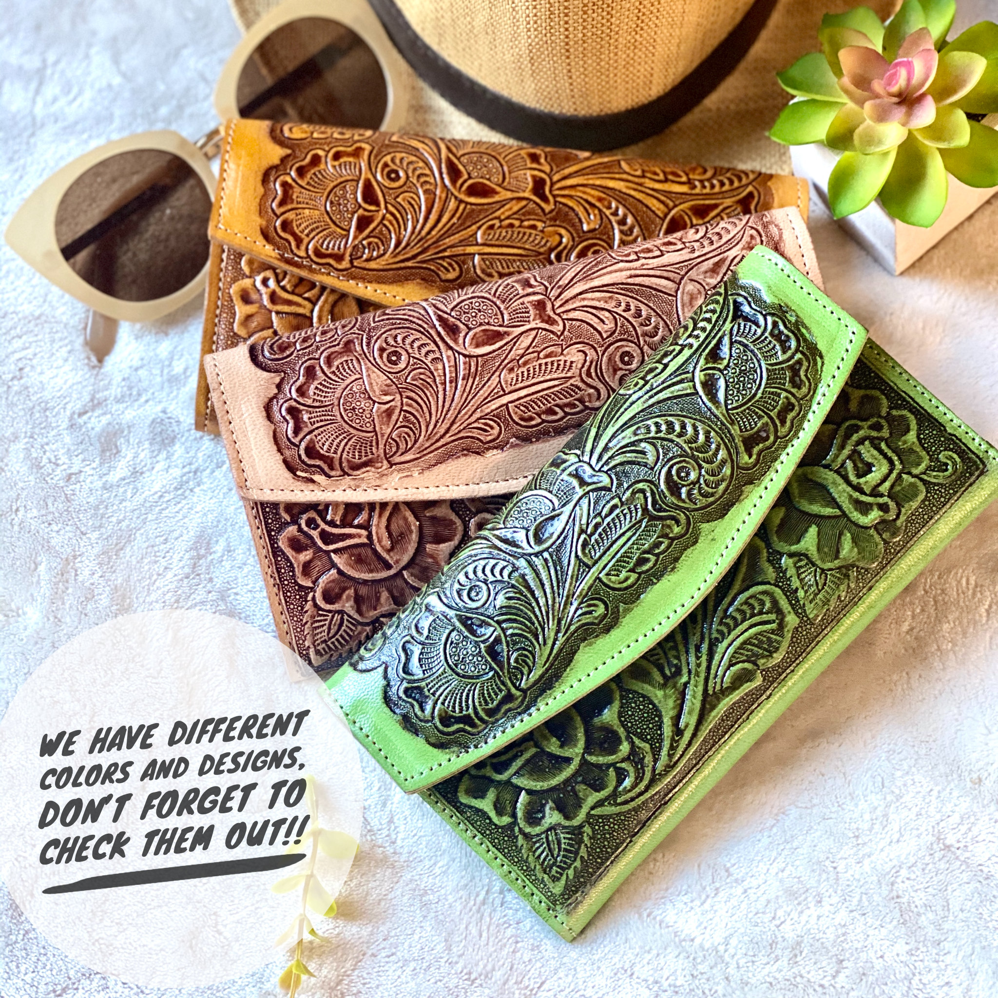 Green leather wallets for women Tooled leather wallet western style wallet bohemian wallet