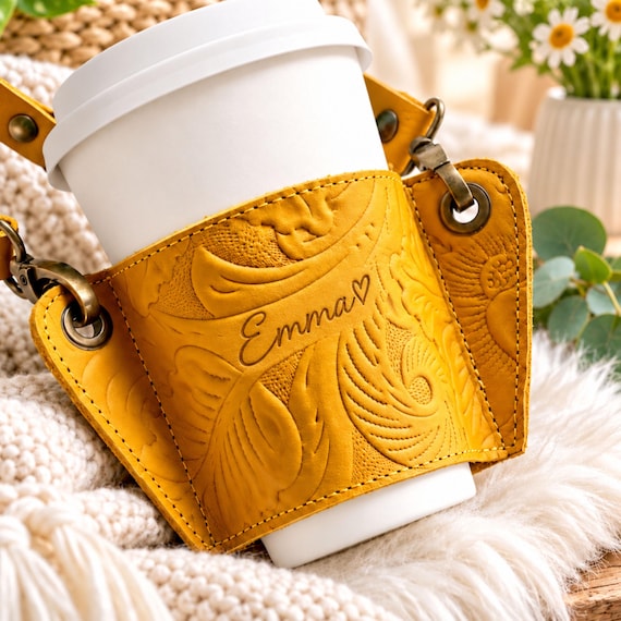 Personalized Coffee Lover Gift, Leather Coffee Cup Holder, Custom Tooled Cup Sleeve