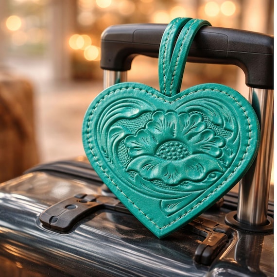 Personalized Leather Luggage Tag, Custom Engraved Travel Tag, Heart Tooled Western Gift for Women