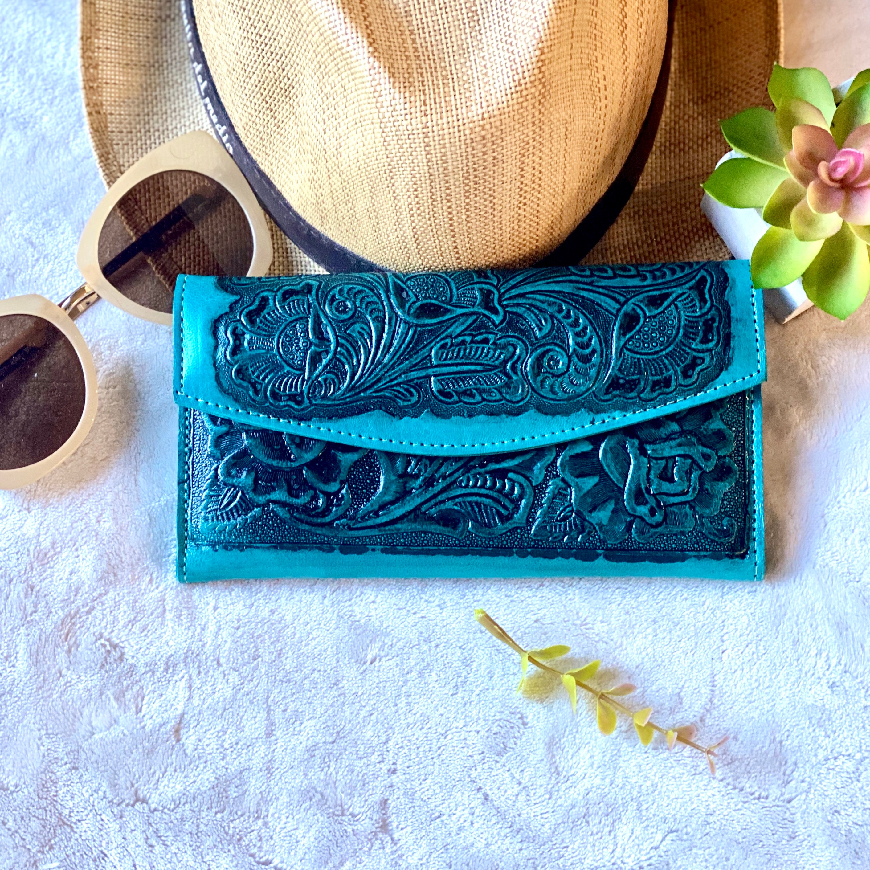 Handcrafted leather wallets for women teal woman wallet gift for