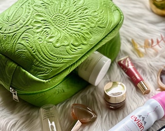 Leather Toiletry bags for women • Embossed Makeup bag leather • cosmetic travel bag • cosmetic bag  • personalized gifts