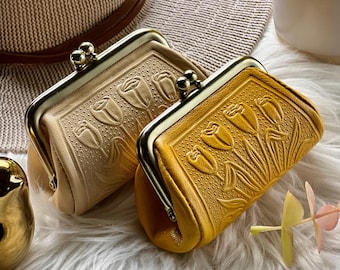 Vintage Style Leather Coin Purse: Handmade Kiss Lock Clasp