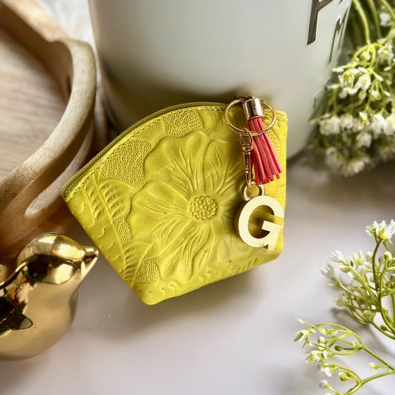 Personalized Floral Leather Pouch: Handmade Hibiscus Embossed Cosmetic Bag