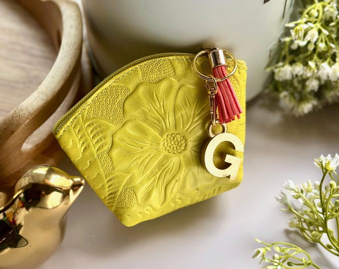 Personalized Floral Leather Pouch • Small Makeup Bag • Bridesmaid Gift • Custom Cosmetic Case