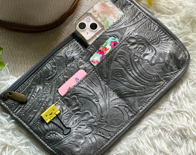 Embossed leather bag organizer insert • purse organizer insert  • flowers tote bag organizer • bag in bag • organizer insert