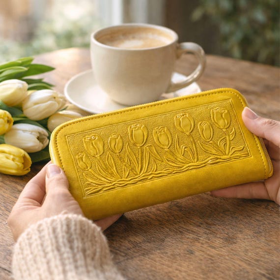 Embossed Tulip Leather Zip Around Wallet for Women, Personalized Floral Leather Wallet, Mothers Day Gift for Mom