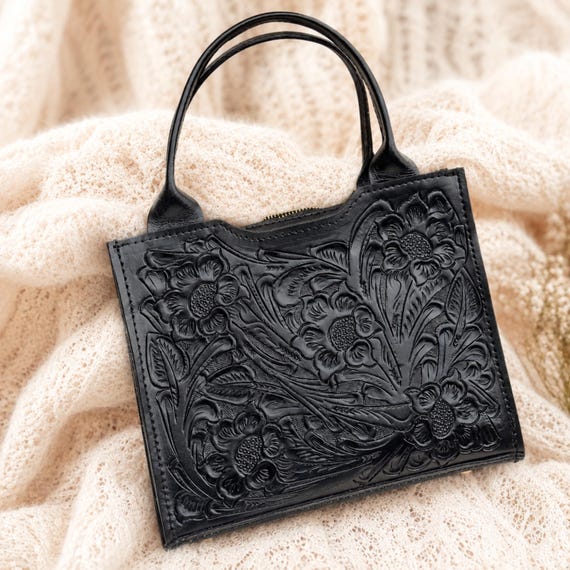 Handmade Tooled Leather Bag, Floral Leather Purse, Western Crossbody Bag, Black Leather Handbag, Boho Cottagecore Purse