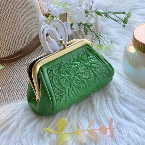 Handmade Leather Coin Purse: Vintage Kiss-Lock Clasp change purse , Floral Rose Pouch