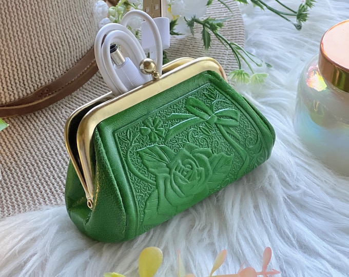 Handmade Leather Coin Purse: Vintage Kiss-Lock Clasp change purse , Floral Rose Pouch