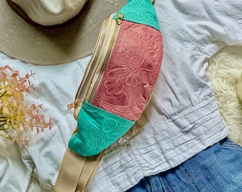 Embossed Leather Sling Bag: Sustainable Boho Crossbody Fanny Pack