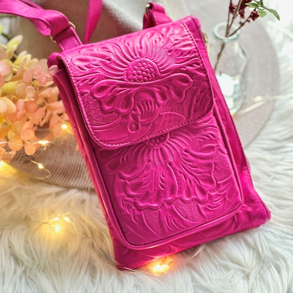 Embossed Leather Phone Crossbody Bag, Floral Cell Phone Purse, Personalized Small Leather Crossbody, Boho Travel Purse, Gift for Her