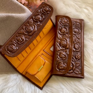 Beautifully Embossed Rose Wallet •  leather wallet womens • personalized gifts for her wallet • handmade woman wallet