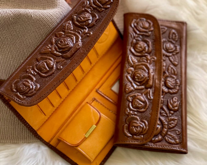 Beautifully Embossed Rose Wallet •  leather wallet womens • personalized gifts for her wallet • handmade woman wallet