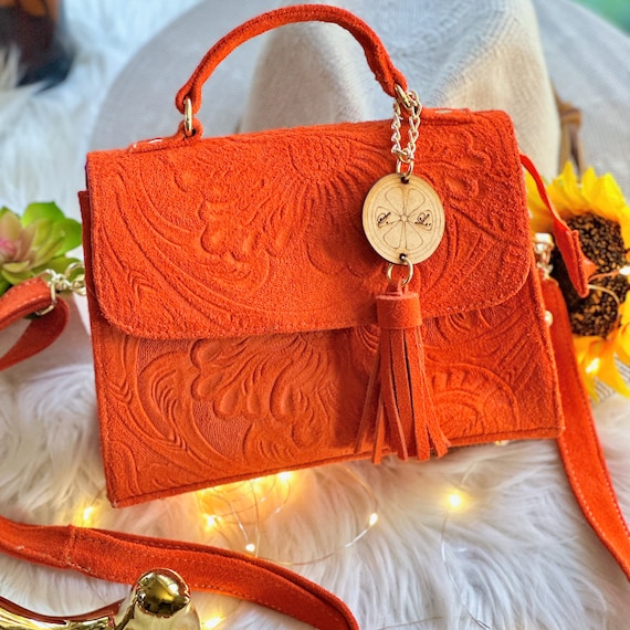 Embossed Leather Crossbody Bag for Women: Handmade Suede Messenger Purse