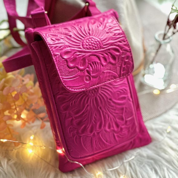 Floral Embossed Leather Crossbody Phone Bag • Personalized Gift