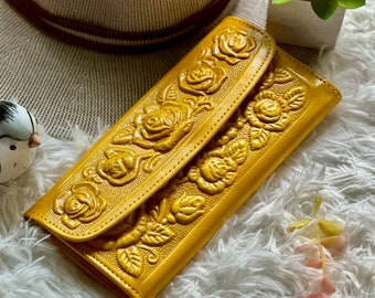 Handmade Embossed Roses Leather Wallet for Women - Cottagecore Style