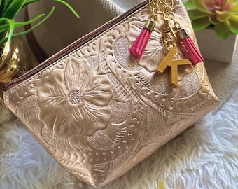 Personalized Leather Makeup Bag: Floral Boho Travel Toiletry Case