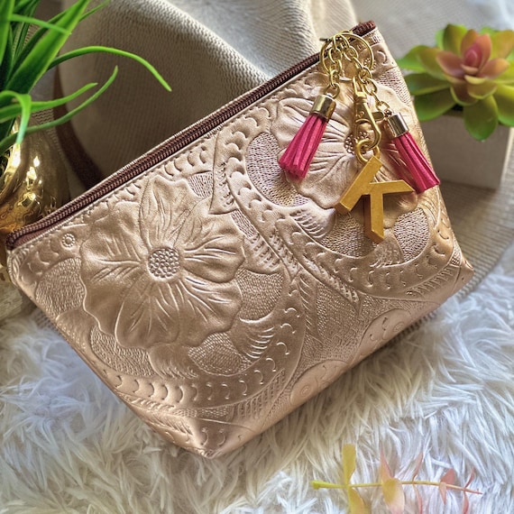 Personalized Leather Makeup Bag: Floral Boho Travel Toiletry Case