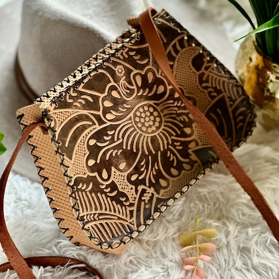 Boho Leather Crossbody Bag • Floral Tooled, Personalized Gift