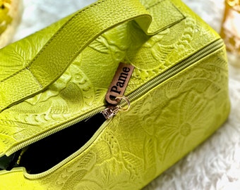 Floral Embossed Leather Makeup Bag •  Cosmetic Bag •   Personalized, Chartreuse, Cottagecore Charm Cosmetic Bag